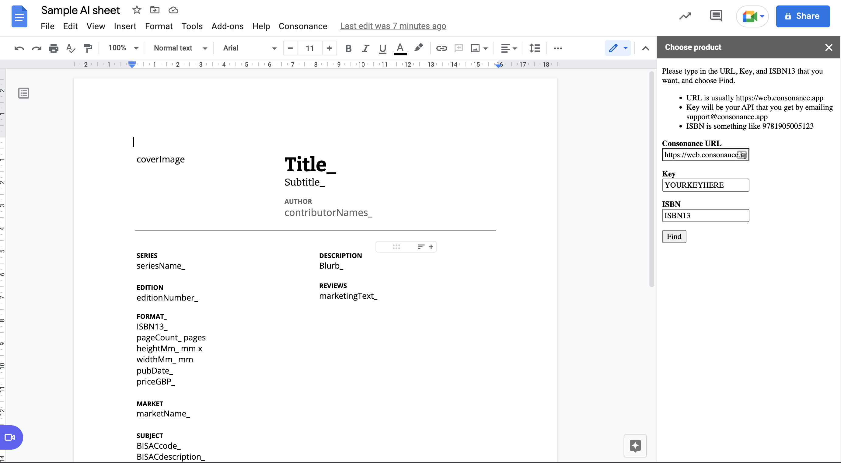 Google Docs screenshot showing an AI sheet containing templated text.